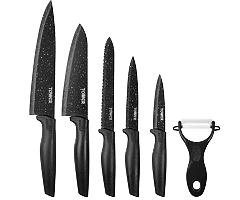 Tower Essentials Kitchen Knife Set, Stone-Coated with Stainless Steel Blades, Black, 6-Piece