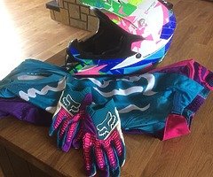 Motocross helmet fox trousers and matching gloves