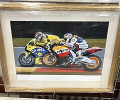 "Rossi and Hayden - "The Race To The Line" by Rod Organ Framed & Mounted Original Print MOTOgp W