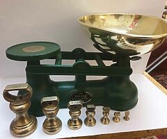 Original salters scales in green with original full set of brass bell weights bargain can deliver