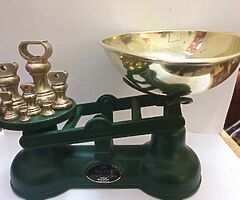 Original salters scales in green with original full set of brass bell weights bargain can deliver