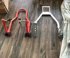Leathers, boots, paddock stands