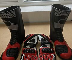 two piece leathers, boots and gloves
