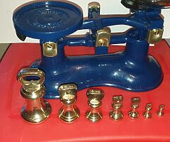 Beautiful original heavy victor of England scales in blue with full set of brass bell weights