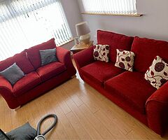 Immaculate Red Material Sofa Suite 3-2-1 & Footstool