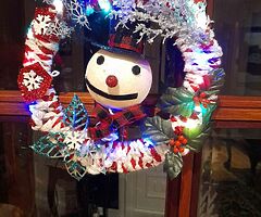 White Red and glitter snowman wreath