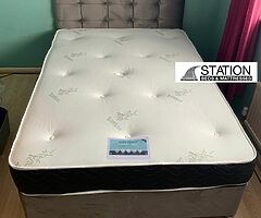 Grey plush double 4ft’ 6 divan bed, headboard and 10” memory/ortho mattress set