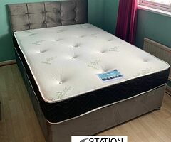Grey plush double 4ft’ 6 divan bed, headboard and 10” memory/ortho mattress set