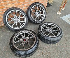 Japan Racing JR30 17 Inch 4x100 Alloy Wheels + Bridgestone 205 45 17 Tyres & Spigot Rings