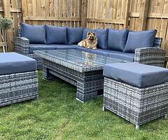 10 SEATER CORNER RATTAN FURNITURE + RISING DINING TABLE - 
