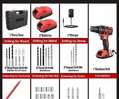 99€ Cordless drill with 2 batteries 2.0Ah, 42Nm, 2 gears, 25+3 torque levels, LED light, 30PCS