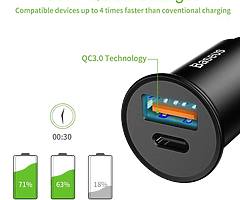 Baseus Car Charger, USB C Car Adaptor with PD3.0 5A 30W Quick Charge for iPhone X/XS/XR/XSMax, iPad - Image 3/7